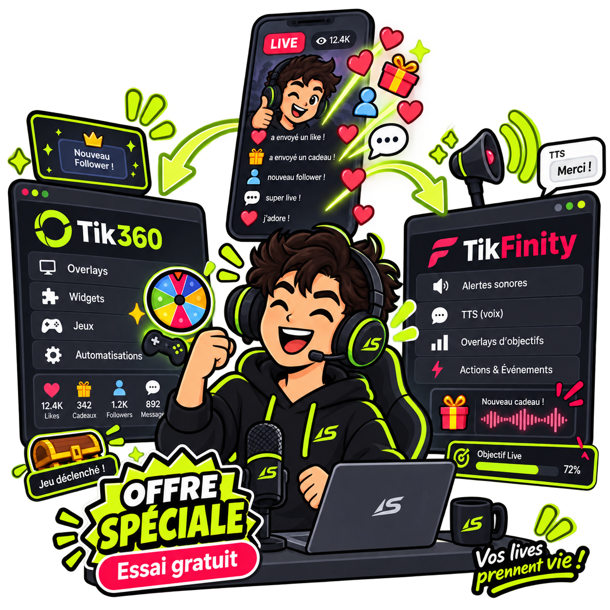 Illustration de logiciels partenaires pour enrichir un TikTok LIVE avec alertes, interactions, cadeaux, TTS et automatisations.